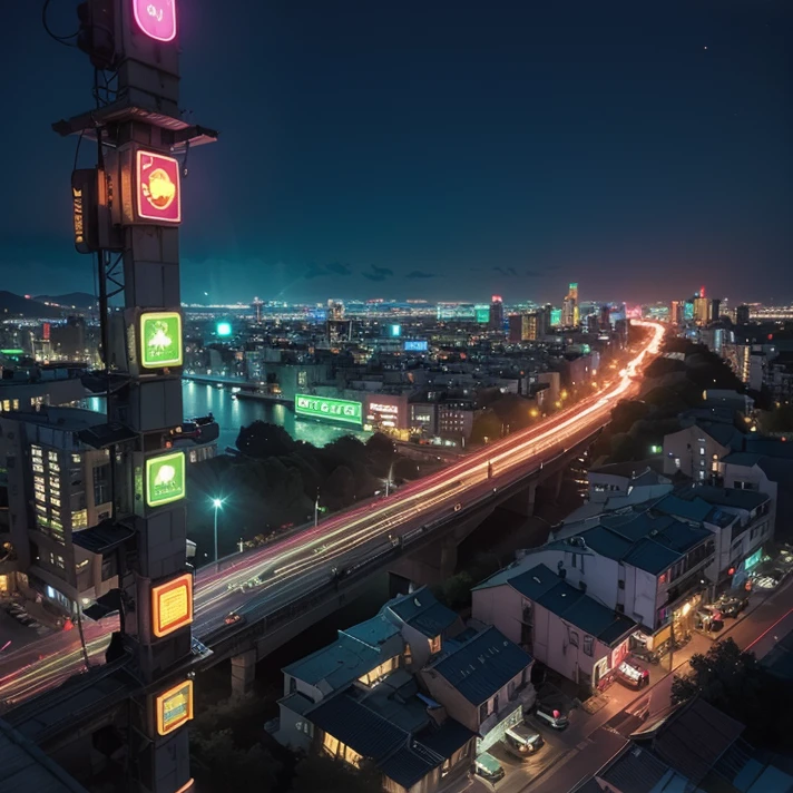 masterpiece，((Neon city at night))，Watercolor，Beautiful night view，Aerial view