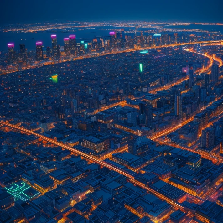 masterpiece，((Neon city at night))，Watercolor，Beautiful night view，Aerial view