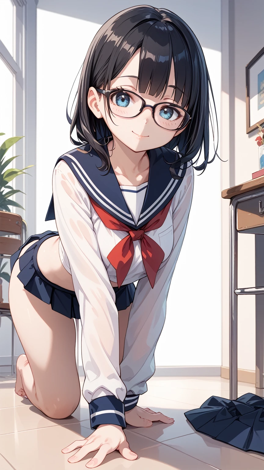 leaning forward, arched back, arms behind head, sexy pose, bewitching pose, Highest quality、Best image quality、masterpiece、Anime Style、a girl、Beautiful Eyes、black hair, purple eyes、Short bob cut、(sideburns), middle part, (flat chest)、slender、Tight waist、Small Ass、Round Glasses、Beautiful Face、Natural smile, red cheek, school uniform, short sleeve shirt, pink string panties, In a white-themed room、cowboy shot, Shallow depth of field、