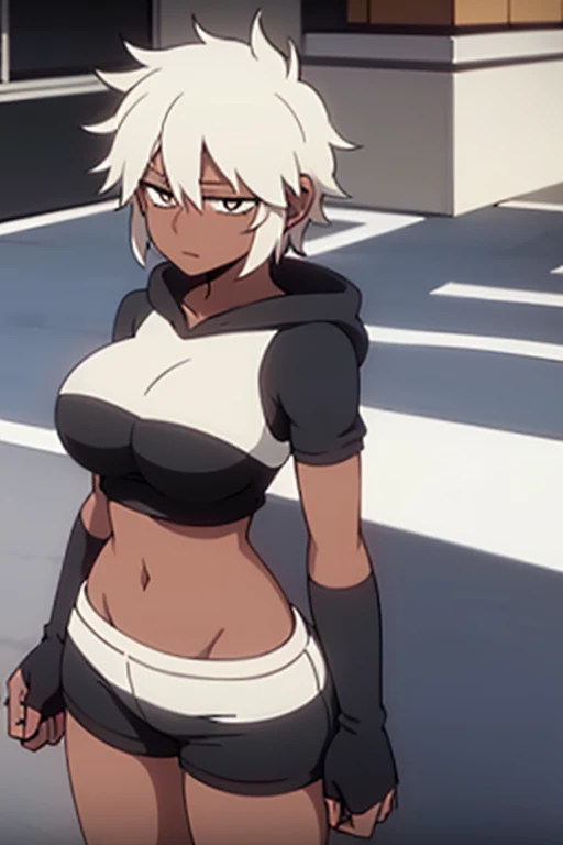 short messy hair, white hair (masterpiece), best quality perfect face beautiful girl, feminine, defined curves, cinematic, aesthetic, shadows, gorgeous, amazing, 1girl, dark skin, best quality, expressive eyes, (black eyes:1.3) ringed eyes, midriff, white winter hoodie, black shorts