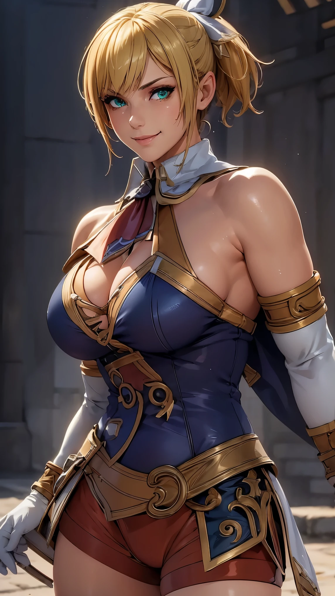 Cassandra Alexander da Soulcalibur,(best quality, 4K,8k,high resolution,work of art:1.2)(weather: sunrise), greek town background, greek port, wide hips, short curly hair, ponytail hair, blonde hair, hair ribbon, freckles, long coat, micro shorts, thigh high boots, necktie, elbow long gloves, light makeup, dark eyeshadow, blush, combat pose, glowing eyes, ultra detailed,portrait,realistic,beautiful detailed green eyes, beautiful detailed lips,extremely detailed eye and face, long eyelashes,average, large breasts,beaming smile, sexy smile, powerful girl, bright coloured, dramatic lighting,