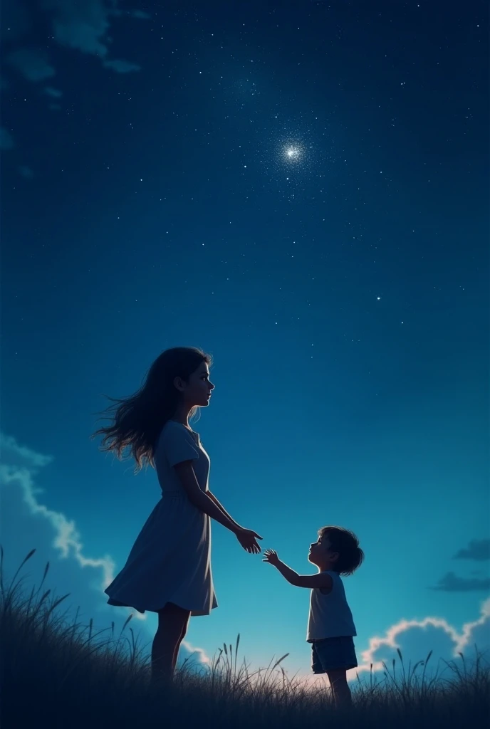 Make a beautiful woman with long loose hair and black bangs and a short pink blouse with her 3-year-old son with blond hair and a little voluminous hair., they are with their backs turned looking at a big colorful star in the sky, realisitic