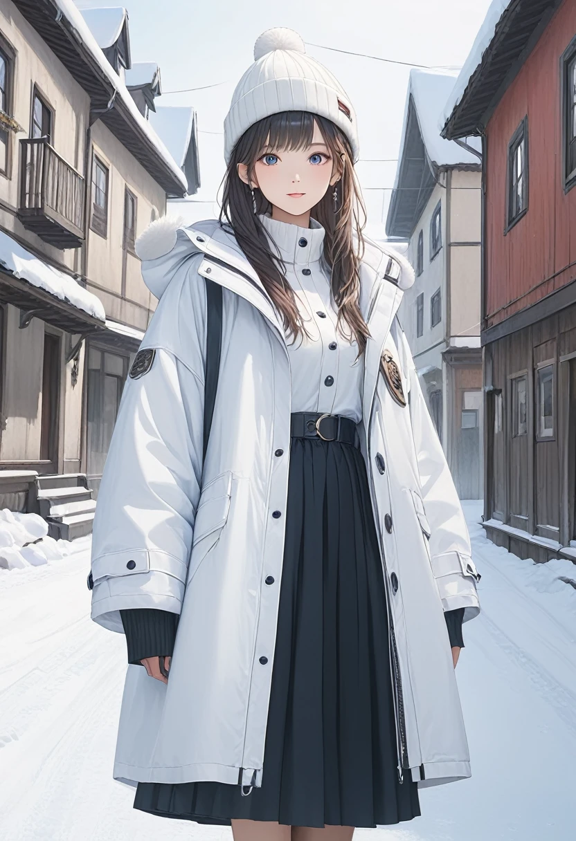 (masterpiece,  best quality:1.3), (Super detailed:1.2), (hyperRealistic:1.3), ( RAW Photos:1.2),  High Resolution RAW Color Photo , Professional Photographer, (PhotoRealistic:1.4), (Realistic:1.4),Snow Town、White coat、 black long skirt、white russian hat 、 full body