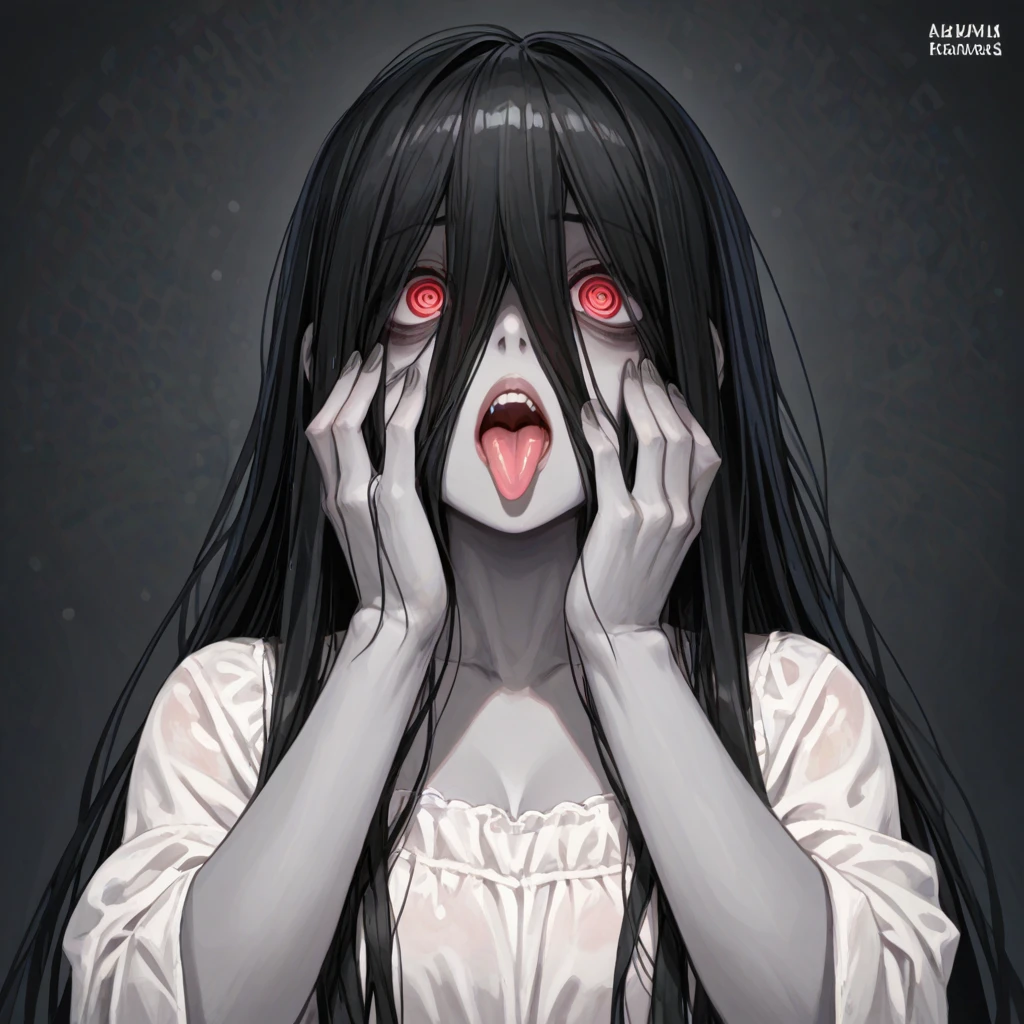 Sadako Yamamura,long hair,black hair,dress,very long hair,hair cover eyes,red eyes,spiral-shaped eyes,grey skin,hands in face,(yandere expression,tongue out)