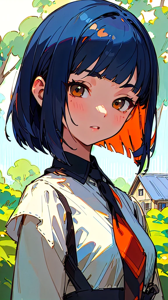 (masterpiece、Best Quality、Super detailed、Illustration)、 dark blue hair 、 bob cut from the front、 jet black brown eyes 、 ties her hair with orange hair clips、 upper body close-up 、 beautiful face、 perfect body、 1 girl、solo、 dress、 strap、village、Old house、Outdoor、Folklore、Legend