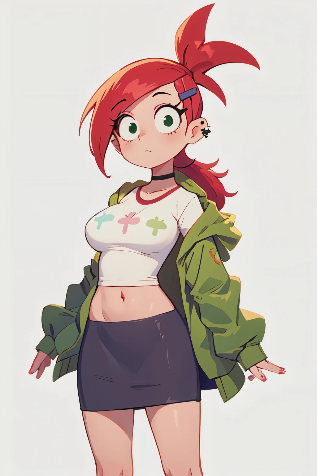 masterpiece, best quality, 1girl, solo, looking at viewer, breasts,  frankiefoster, ponytail, choker, hairclip, hair ornament, piercing, shirt, green jacket, midriff, skirt,