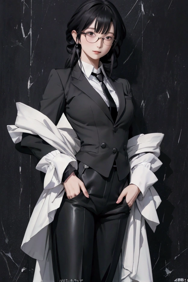 Anime kafka, in a formal black suit and tie, black round glasses, black pants, confident expression, 4k, ultra HD, high quality, very detailed, magazine cover, posing like a model