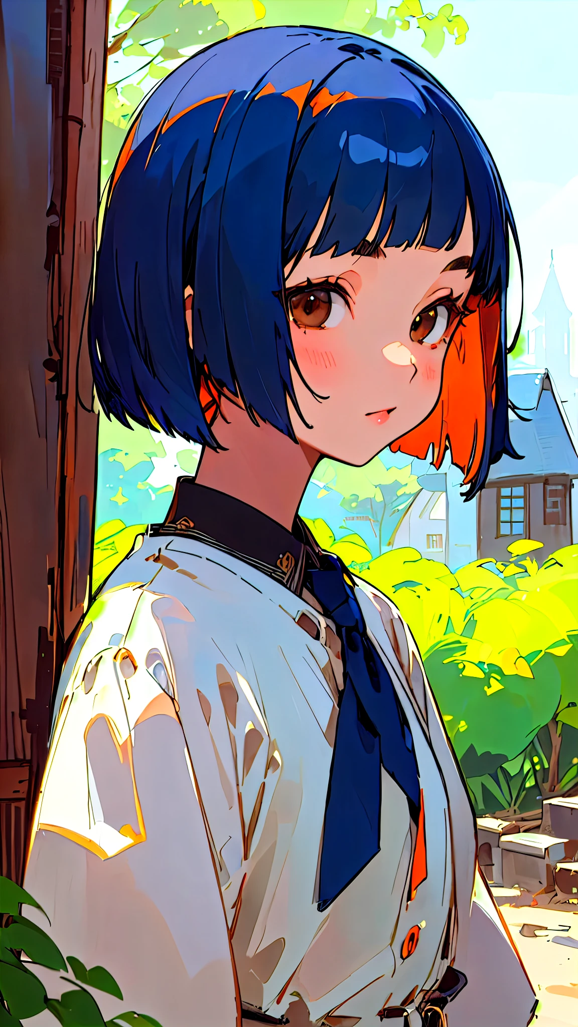 (masterpiece、Best Quality、Super detailed、Illustration)、 dark blue hair 、 bob cut from the front、 jet black brown eyes 、 ties her hair with orange hair clips、 upper body close-up 、 beautiful face、 perfect body、 1 girl、solo、 dress、 strap、village、Old house、Outdoor、Folklore、Legend