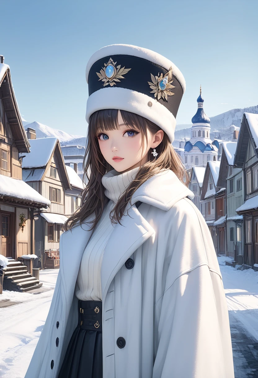 (masterpiece,  best quality:1.3), (Super detailed:1.2), (hyperRealistic:1.3), ( RAW Photos:1.2),  High Resolution RAW Color Photo , Professional Photographer, (PhotoRealistic:1.4), (Realistic:1.4),Snow Town、White coat、 black long skirt、white russian hat 、Body Up