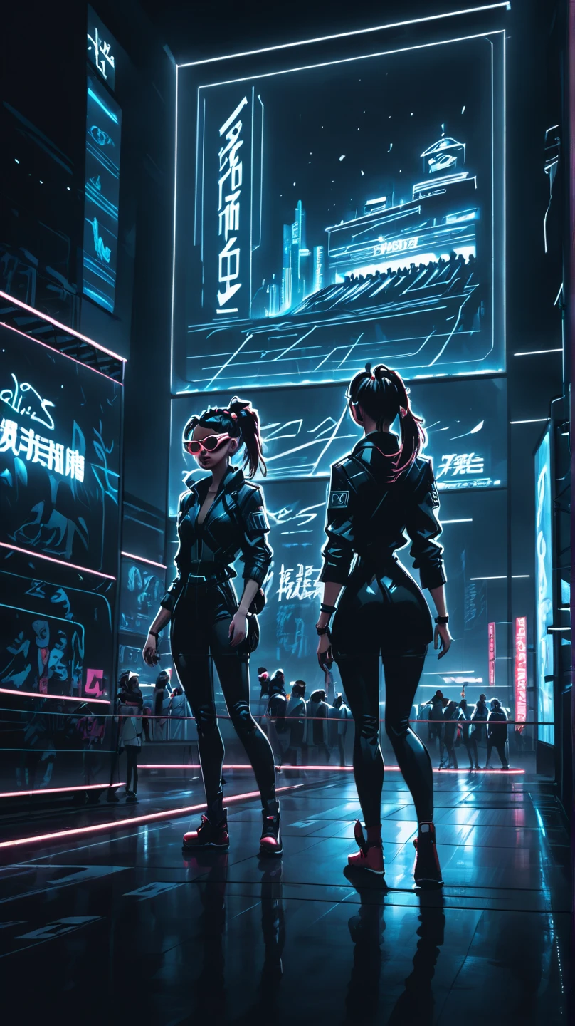 sketch,People walk past a large advertising sign in a shopping center, cyberpunk style, dark style, night city