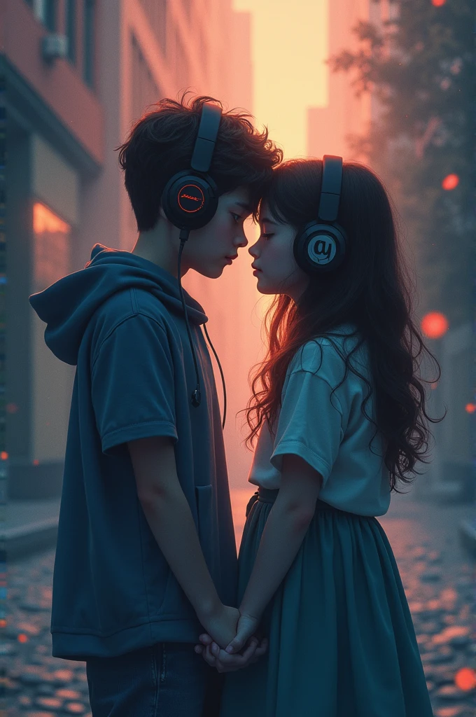 an ultra realistic image, of a boy and a girl facing each other with hadset listening to music, in a pleasant senarial,