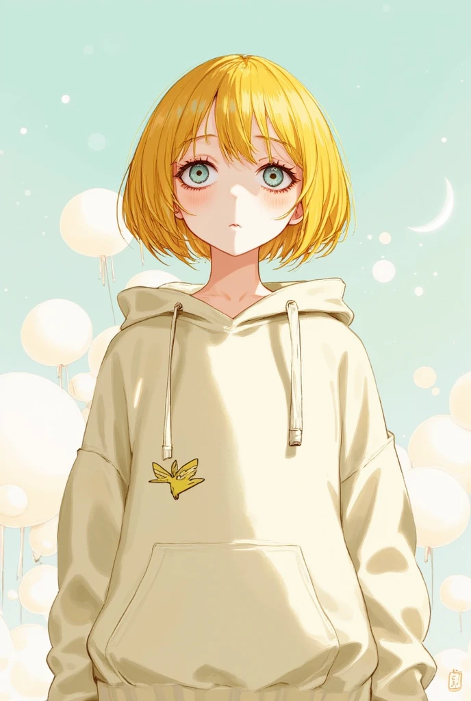 bags under eyes, bagy,1girl,solo,kawaii animation,look at me,yellow shor hair, hood, hoodie, tim burton style,