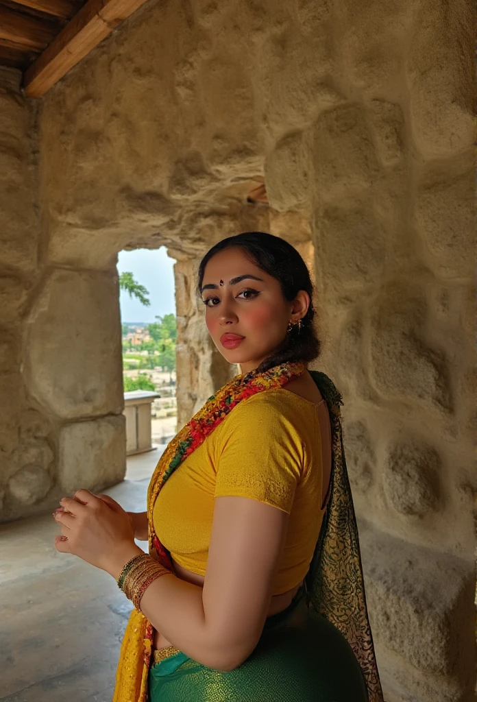 The rustic stone walls and wooden elements evoke a sense of cultural richness and tranquility.

**Supporting Characters:** None, the focus is solely on Rohini, the main character, as she lost in thought or posing for the camera.

**Branding Type:** This film poster embodies the essence of Indian cinema, with its emphasis on natural lighting, subtle camera movements, and attention to detail.

**Tagline:** "In the warmth of her gaze, lies the serenity of the soul."

**Visual Style:** The film grain is subtle, with a slight texture that adds to the organic, earthy feel of the scene. The color grading is warm and natural, with a slight enhancement of the vibrant colors to create a sense of depth and dimensionality.

Overall, the visual style is reminiscent of the works of legendary director, Satyajit Ray, with its emphasis on natural light, subtle camera movements, and attention to detail. The camera position, looking up at Rohini, creates a sense of intimacy and closeness, as if the viewer is privy to a private moment of introspection. The color palette, with its emphasis on greens, yellows, and reds, evokes a sense of festivity and cultural richness.