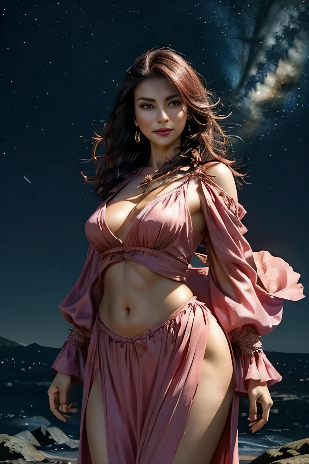 beautiful digital art 、 Fantasy and Gorgeous Lighting 、 amazing digital art 、 Amazing Digital Illustration 、 Digital Fantasy Art 、 3D Rendered Character Art 8K、 Hi-Res、 detailed digital art 、Graceful Fantasy 、 1 girl、 gentle smile touching your head、 balanced body line 、 Perfect Growth 、Beautiful curves、 sexy、Pink Hair、Long Curly Hair、Woman emitting a radiant light 、 beautiful face、A detailed face、Perfect Proportions、 huge breasts、 Big Breasts That Protrude Your Body , Hard Erect Nipples , Small waist、belly button、 I have a big butt 、 Pretty Butt Raised 、 Beautiful Pink Pussy , crotch gap 、Long legs、Yellow Dress、 Robe with Clear Cape 、 Nebula floating in space 、(Strong winds:1.6)、( Hair and Outfit Are Disheveled :1.6)、The skin on her chest and crotch is exposed 、 sexy、The background is space、 in the dark 、 lots of stars、 blurry background、 lighting brightly illuminates her whole body, Her thin costume shows through her nipples and even the shape of her pussy,