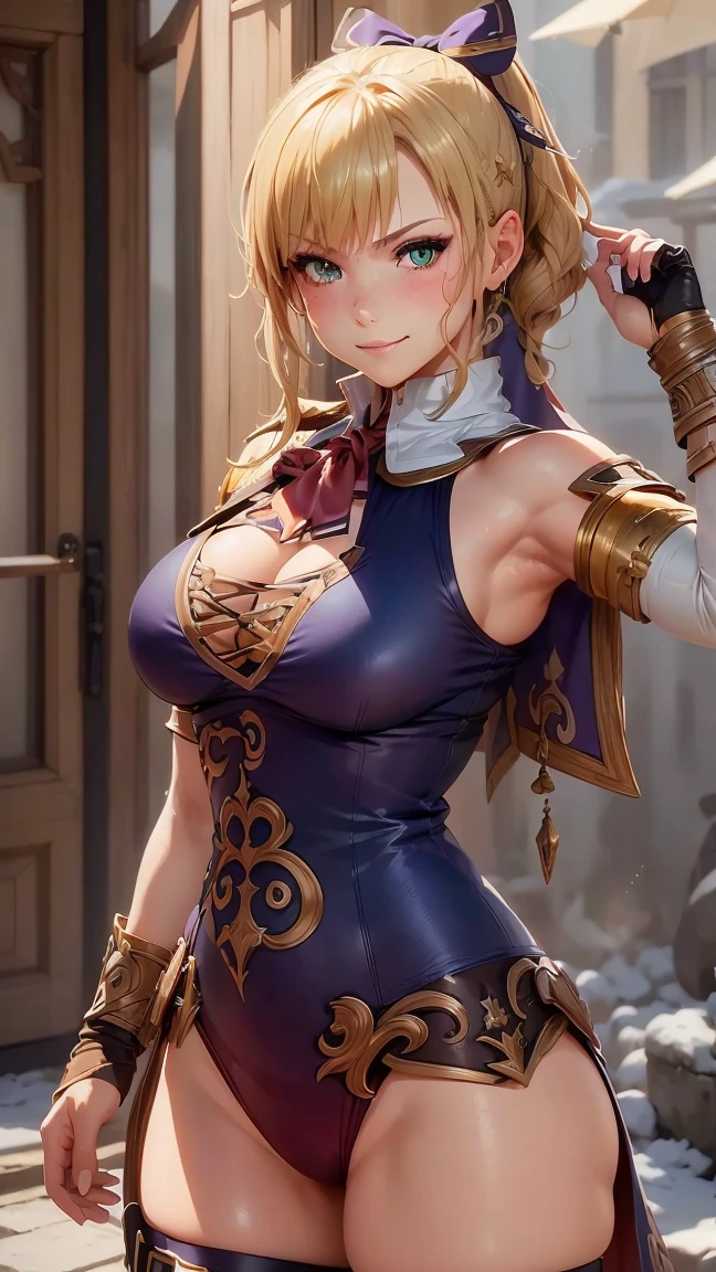 Cassandra Alexander da Soulcalibur,(best quality, 4K,8k,high resolution,work of art:1.2)(weather: sunrise), greek town background, greek port, wide hips, short curly hair, ponytail hair, blonde hair, hair ribbon, freckles, long coat, micro shorts, belt, thigh high boots, necktie, elbow long gloves, light makeup, dark eyeshadow, blush, combat pose, glowing eyes, ultra detailed,portrait,realistic,beautiful detailed green eyes, beautiful detailed lips,extremely detailed eye and face, long eyelashes,average, large breasts,beaming smile, sexy smile, powerful girl, bright coloured, dramatic lighting,