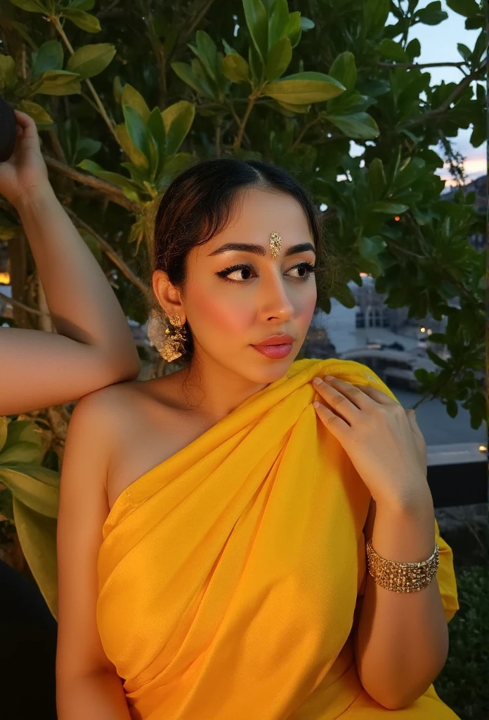 "Two-person South Asian woman, wearing a vibrant yellow saree with intricate gold jewelry adornment on her forehead, framing the scene, backdrop, in the atmosphere of serene and lush greenery, with intense lighting, highlights sitting on her shoulder. A faint studio-like." 

The scene begins with a focus of trust, subtle camera movements and attention to details on late evening lighting with a serene expression on her face, with a
"=>"<> In her eyes gazes affectionately, seemingly lost in thought or 
The gentle touch of her shoulder with 
The scene is nuanced, exquisite in a subtle warmth calm and contemplative quarterly paint palette,note that I\'t took some creative liberties with the scene and characters.