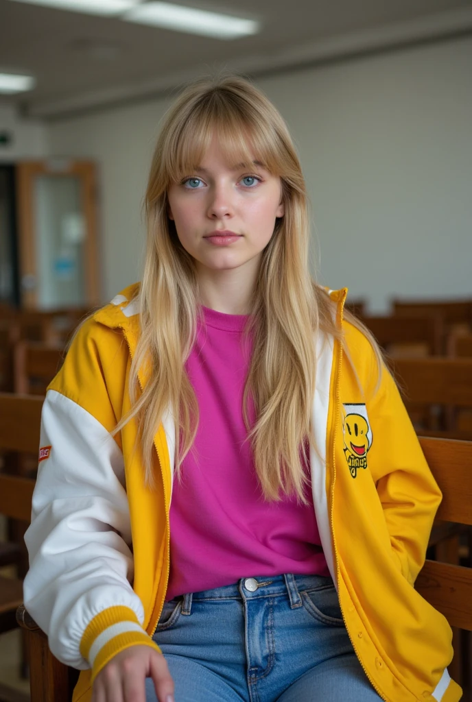 young girl, looks at the camera, Close-up, tracksuit, blonde hair, Sits up straight, sits in the room, Window in the background, TV in the background