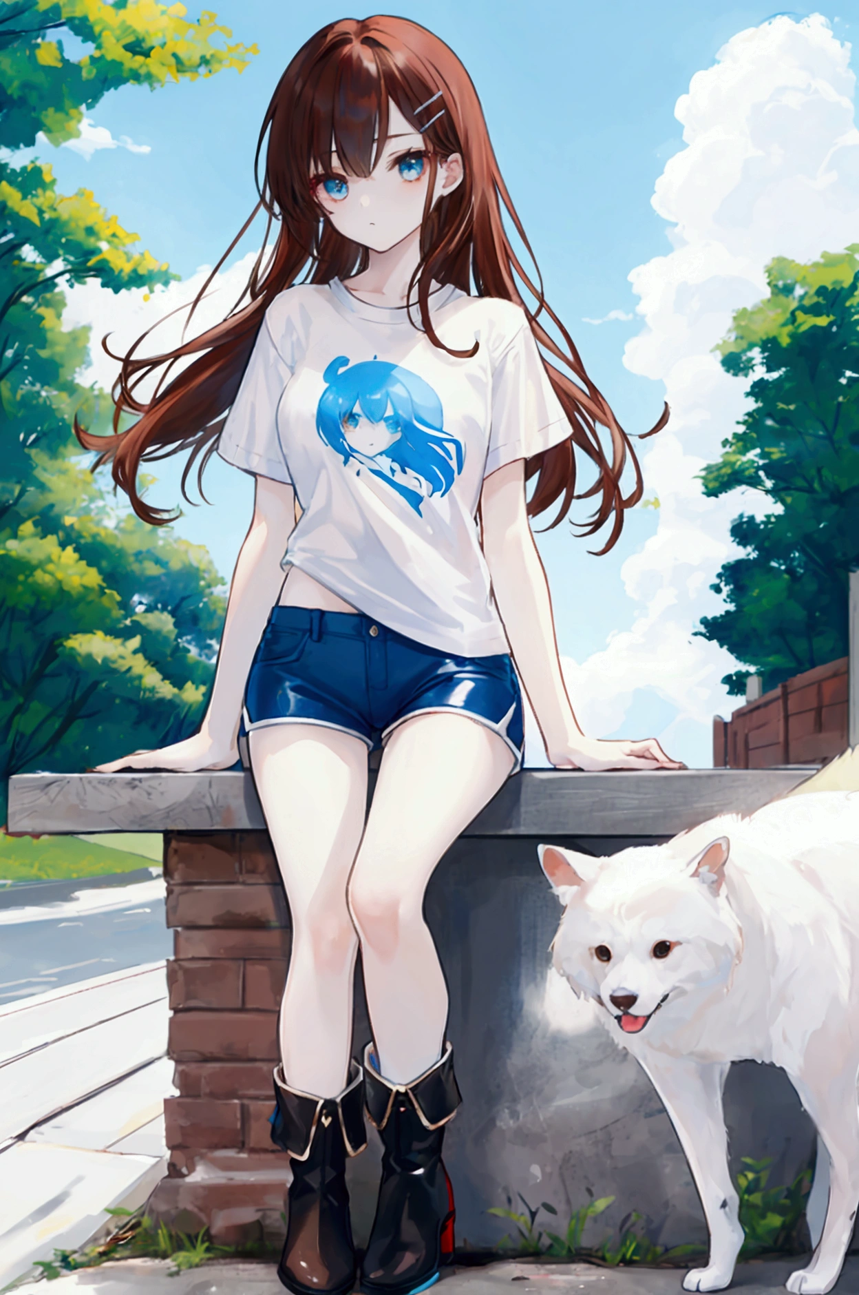 whole body,Cool beautiful girl, Slim Body 、 SOFT WHITE COAT,Sky Blue T-Shirt、 black hotpants,Leather boots、Cool Summer,Slightly pale skin,Bright brown eyes,Red brown hair color(Semi-D), hairpin