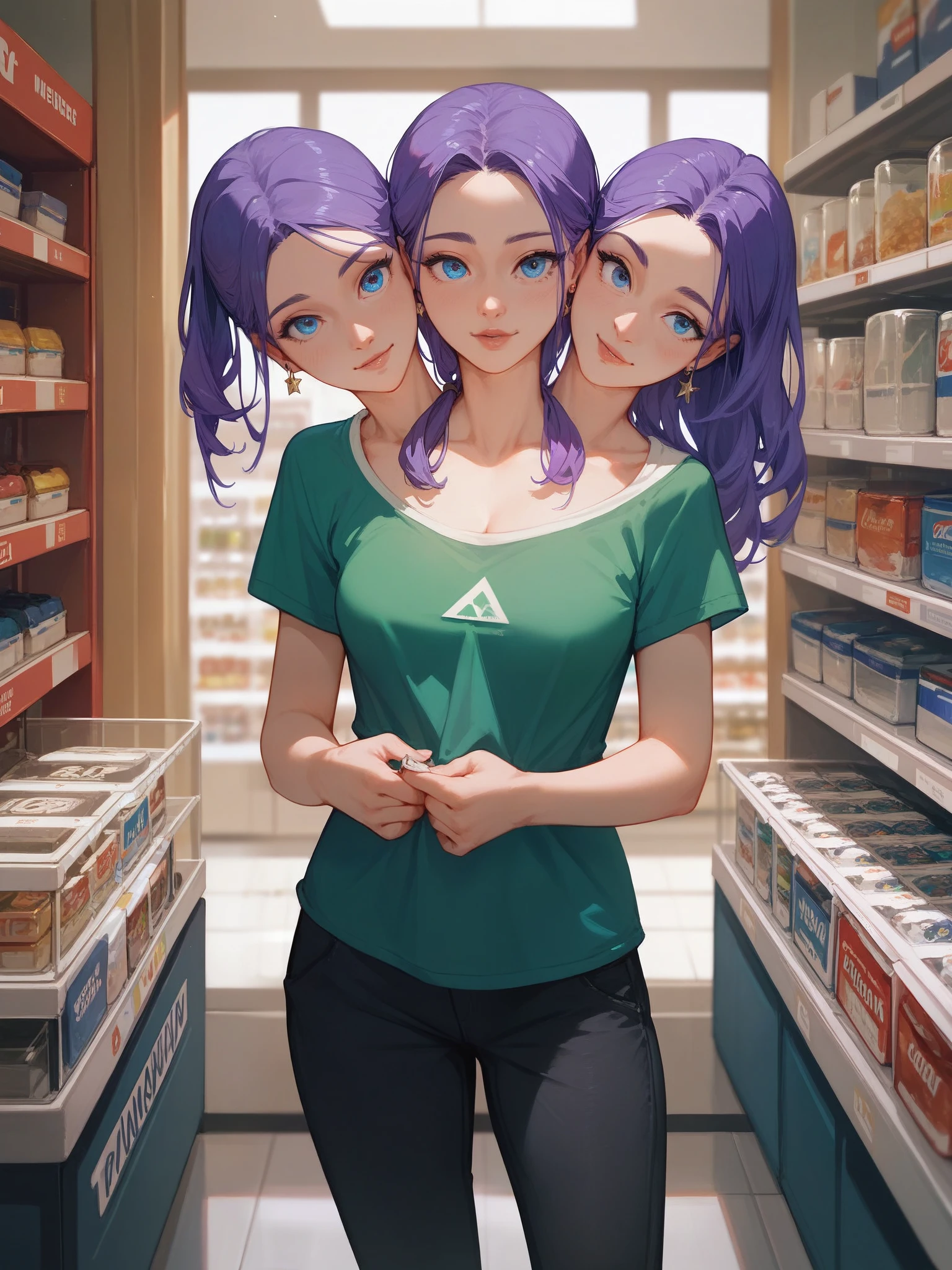 anime, (masterpiece, best quality), best resolution, three heads, conjoined, 1girl, purple hair, blue eyes, different facial expressions, contemplative, trying to decide what to buy, green t-shirt, black pants, shirt racks, clothes store