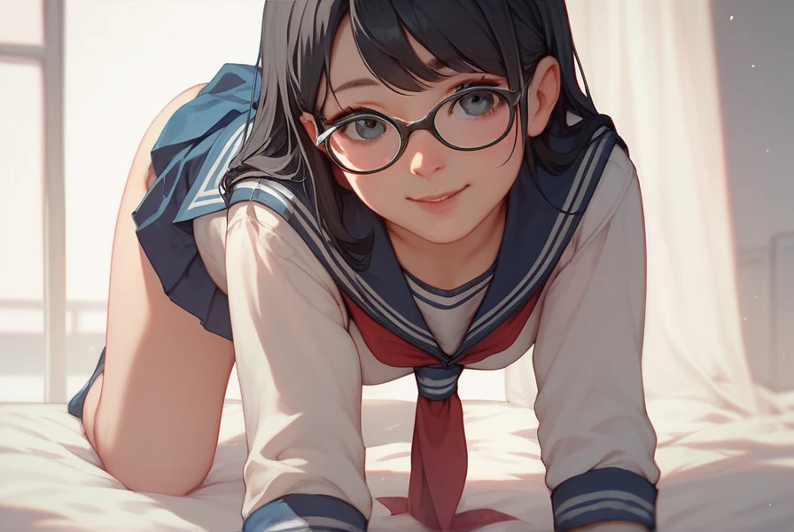  1 girl, black hair, Glasses, sailor suit,first round,Lead, cute, is on all fours