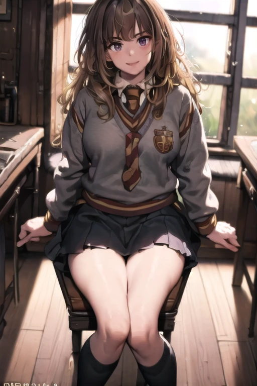 masterpiece,   High Quality  ,  dynamic angle,  ***,   1 girl, , Alone,
  Hermione Granger ,
   school uniform,(Hogwarts uniform)、 gray uniform 、 mini skirt、  big breasts at the temple 、Big Breasts、front view
High definition beautiful face and eyes ,  beautiful skin , Look forward、  shining sunlight  、 sitting on the bed 