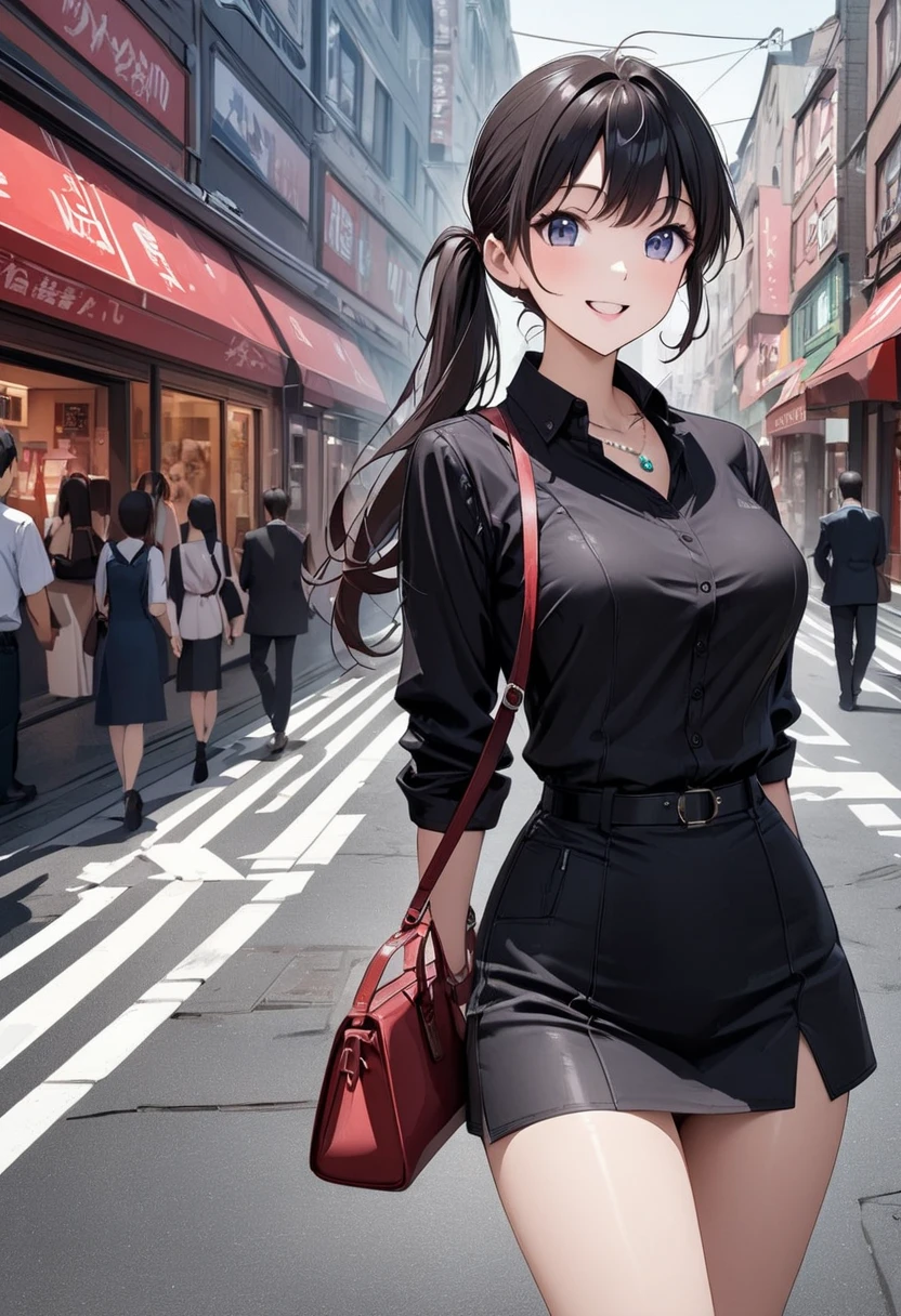 Chinese female fashion model taking a photo on the street standing on the gravel road. Wearing a red hip skirt, elegant posture, posing in a cute and elegant pose, very beautiful and slim legs, charming smile, (beautiful bust shot), Cowboy Shot, fashionable in place, the background sets off her beauty and temperament.