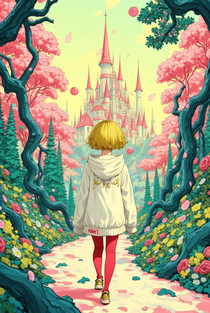 bags under eyes, bagy,1girl,solo,kawaii animation,look at me,yellow shor hair, hood, hoodie, tim burton style,bags under eyes  A young girl embarks on a journey through an enchanted forest, leading towards a majestic castle with towering spires and cherry blossom trees.  bagy  hood  Tim Burton Style  hoodie  yellow hair  1girl  1lady  1woman  strawberry castle  from back 