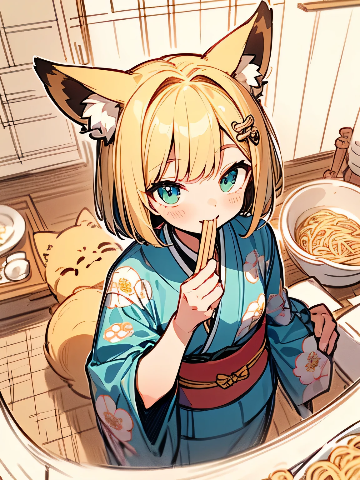 (from above:1.3),Alone,upperbody,(looking at viewer:1.3),(calamel blonde color bob),fox ear,smile,(beautiful some seasons flowers sando color rainbow design pattern kimono),japanease old house,indoor,(eat japanease noodle bowl:1.2),japanese chopsticks,tabletop,(I am a mail charactor),(Enchanting chest:1.3),chibi fox(animal),(manga style),(sketch),(illustration),