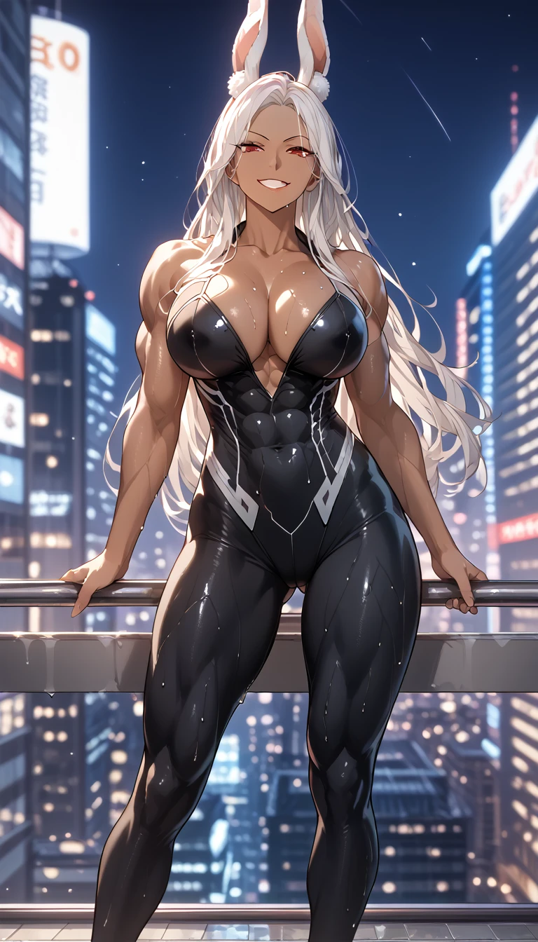 , High resolution, Super detailed, (mature woman1名:1.2),huge_breasts、unity 8k wallpaper,woman, Dynamism,、intricate details, she looks viewer, black Spiderman suit full body、Building、Sitting on top of a building at night 、Blurred Backgrounds、Lie down , from front、((manga style , Fitgirl , Lineart , Standing , Normal pose , sensuous , Safe for work))、Having a conversation、animal ears, rabbit girl, dark skin, rabbit ears, red eyes, perfect face, long hair, white hair, parted bangs,Panel layout、1 page of the manga, busty body, muscular woman, smirk, wet body