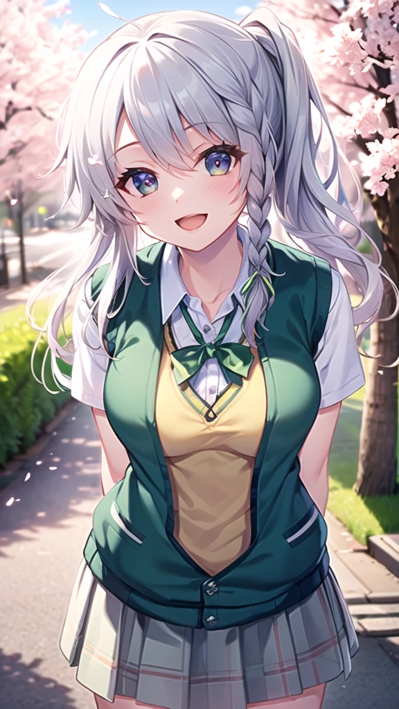 masterpiece, best quality, highres, aasora, braid, long hair, side ponytail, hair ribbon, (school uniform, green bowtie, collared shirt, white shirt, sweater vest, yellow vest, short sleeves, plaid skirt, green skirt, arms behind back, leaning forward, standing, outdoors, smile, open mouth, cherry blossoms,