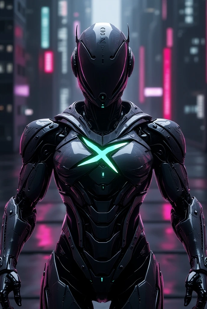 Photorealistic, A cyberpunk graphic futuristic SXR design with black and gray, purple tones, featuring intricate curves and futuristic glowing green geometric shapes. The background is a city with neon-lit high-rise buildings. There are also SXR icons and text elements in the center. The design gives off a sporty, robot, and futuristic feel to the brand.