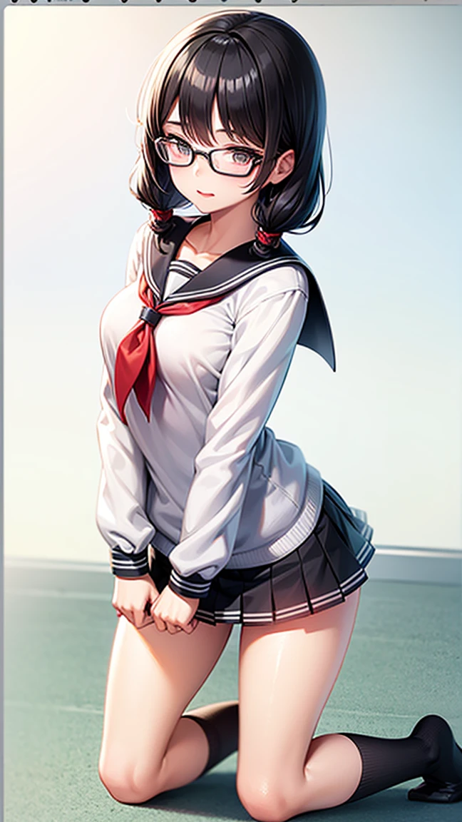  1 girl, black hair, Glasses, sailor suit,first round,Lead, cute, is on all fours