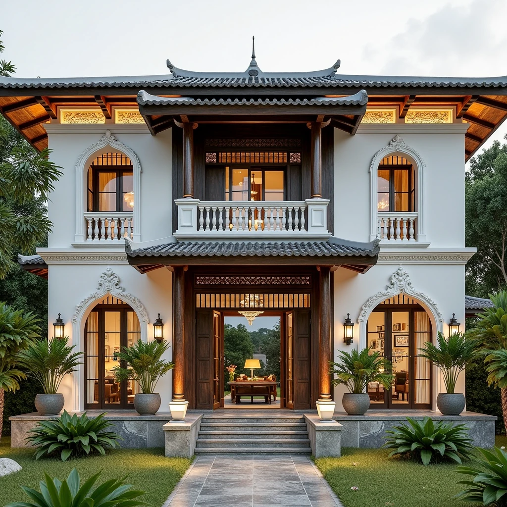 (masterpiece, best quality:1.2), Flux KTHOUSE KTHOUSE Villa - Indochine 14112024, 1 villa, indochina villa, exterior design:1.3,daylight, volumetriclight:1.5