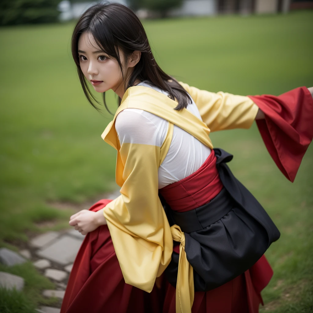 hyuuga hanabi,  1girl, solo, yellow kimono, red hakama skirt, obi, wide sleeves, looking at viewer, closed mouth, wind,fighting stance, black low tied long hair, big breast, hot, wet