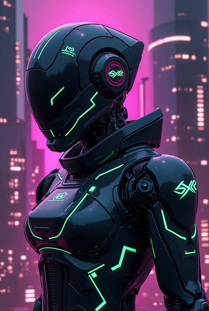 Photorealistic, A k-pop cyberpunk graphic futuristic SXR design with black and gray, purple tones, featuring intricate curves and futuristic glowing green geometric shapes. The background is a city with neon-lit high-rise buildings. There are also SXR icons and text elements in the center. The design gives off a sporty, robot, and futuristic feel to the brand.