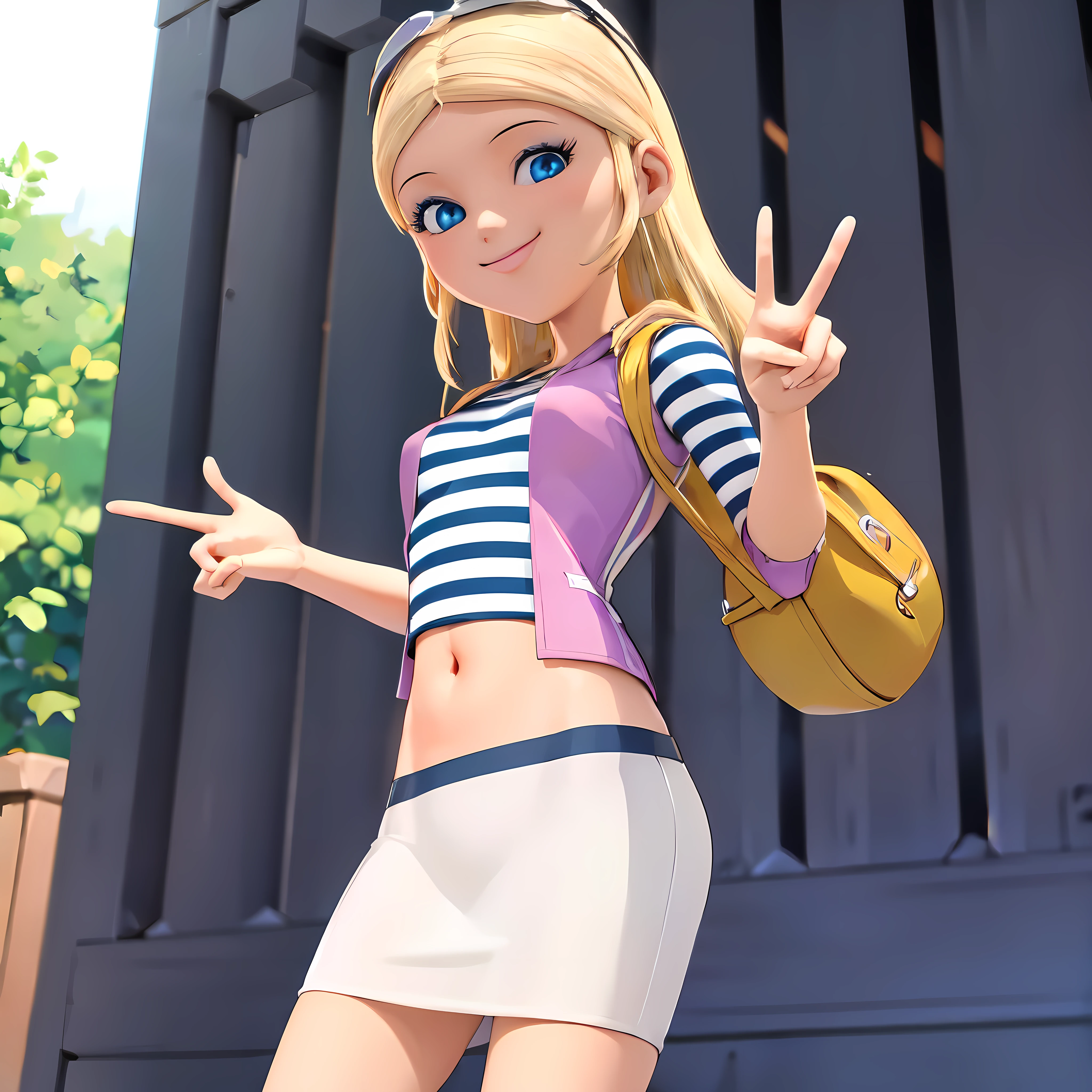 (8k, RAW photo, best quality, masterpiece:1.2), (intricate details), highres, perfect eyes, perfect face, perfect lighting, beautiful, (masterpiece:1.2), (best quality:1.2), 1girl, solo, chloe, blue eyes, blonde, sunglasses on the head, yellow beanie, yellow vest, white miniskirt, black white striped shirt, long yellow socks, navel shirt, medium size breast, peace sign. smiling, showing teeth