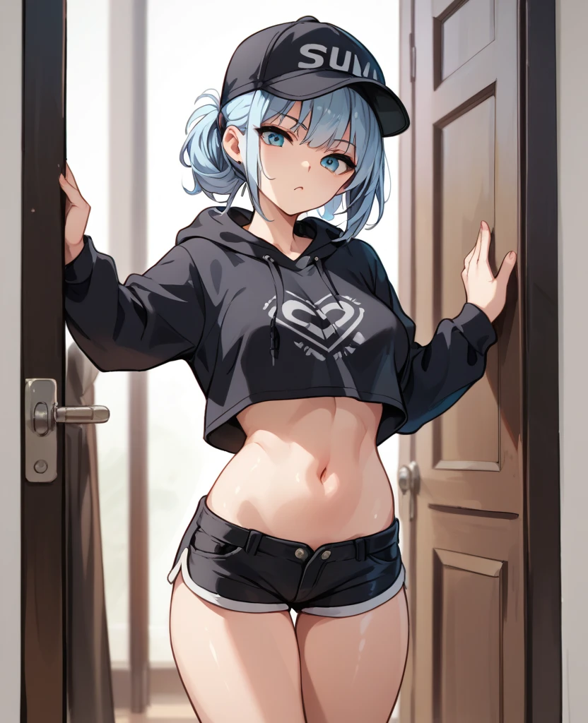 1girl, simpledrawing. black loose hoodie, super short shorts, medium bust size, medium thigh size, frowning, standing in front of the door, cap, belly 