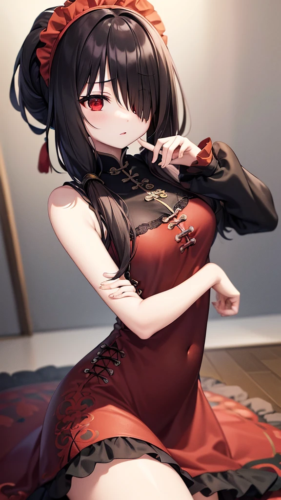 One girl, Red eyes, High-resolution model, Twin tails, Black Hair,night，Chinese clothing，