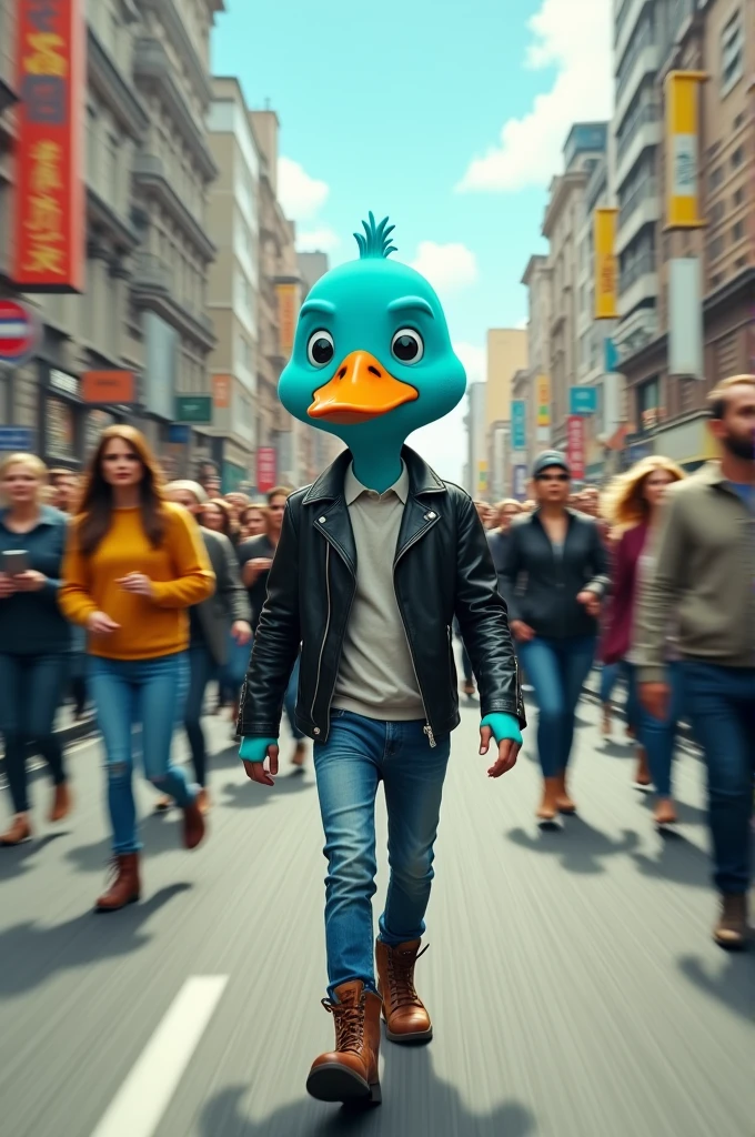 Cartoon of a man with a cyan duck head and urban clothes walking front cam in slow motion, behind a lot of people walking in ultra high speed