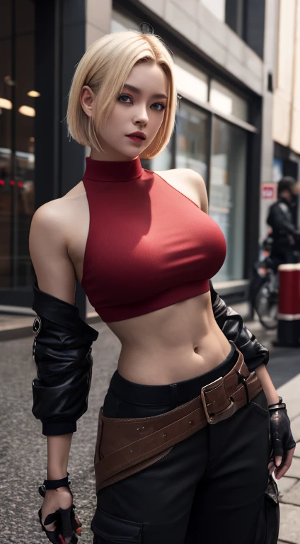 short red dress, undercut platinum bobcut blonde hair, small breasts, fit, muscular, short hair, mercenary, black leather jacket