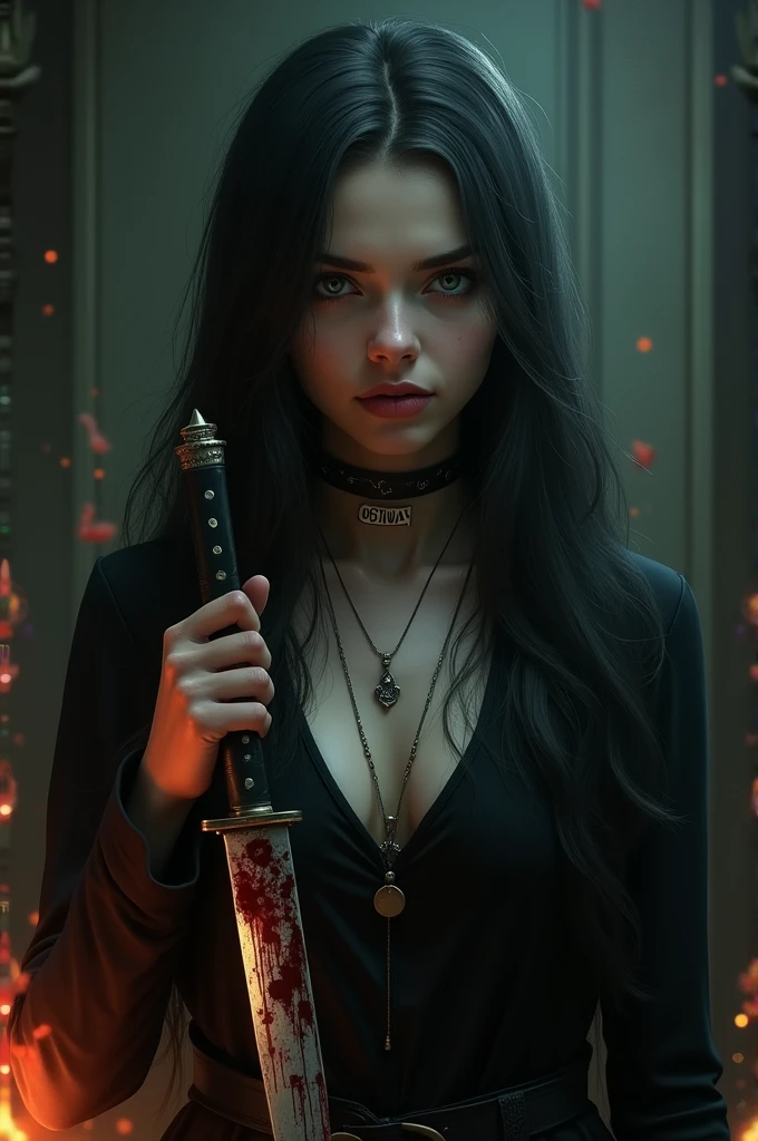 19 year old warrior girl fights shadow demons, soft facial features, pale skin, green eyes, she has divinely beautiful cosmic eyes, focus on the eyes, there are many special effects around, katanas in her hands, heroic atmosphere, night, beautiful lights, black battle suit dress, stylish look, European appearance, many demons around her, she fights with shadow demons, <lora:FluxDFaeTasticDetails:1>