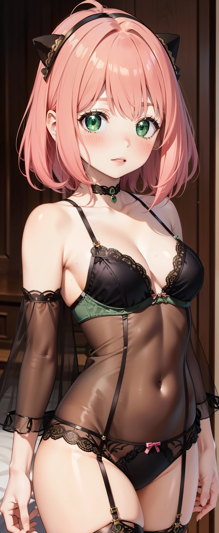 masterpiece,  lyrics, 8K, ultra detailed, detailed face,  medium breasts, Standing, blush, bright eye, (detail of the face), anya forger ( lingerie :1.5) ( green eyes ) (pink hair) ( medium hair) (very low cut) ((diadema de orejas de gato negro))