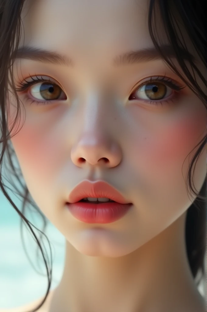 One Girl，(1人のとてもcute女の子:1.3)，masterpiece，Highest quality，High resolution，From below，Low - Angle，Photorealistic，RAW Photos，Ray Tracing，beautiful girl，(15 years old:1.3)，cute，Big eyes，(detailed pupils:1.2)，(The face is facing straight ahead:1.3)，Body facing forward，Beautiful nose，High nose，Upturned nose，Fuller lips，Short black hair，ponytail，short hair，Detailed eyelashes，Thin eyebrows，Very fine grain definition，(Symmetrical eyes:1.3)，(Face close-up，Face Focus:1.0)，Small breasts，Short neck，White swimsuit，White Bikini，The background is the sea，Southern Island，sunset，Sunset，Portrait，View Viewer，Upper Body，Cinema Lighting，High resolution，Very detailed

