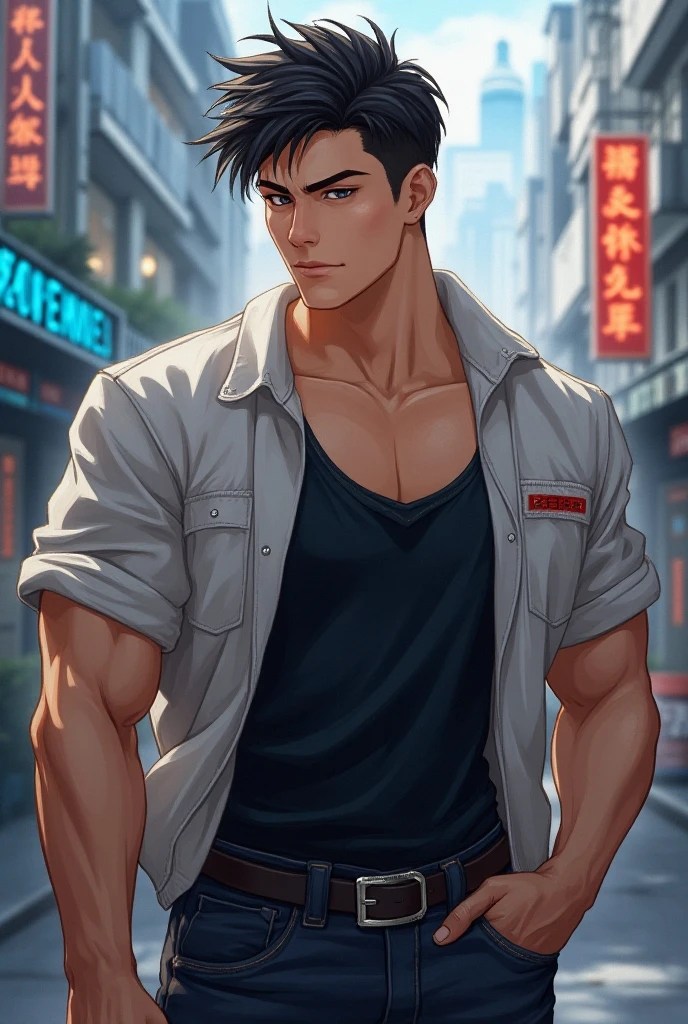 portrait of a 1 handsome asian man (25 year old) wearing a tight black tank top, front view, (angry:0.3), cinematic shot on canon 5d ultra realistic, urban atmosphere, skyscrapers, night scene, sakura petals are flying over the background, short hair undercut, (extremely handsome:1.2)