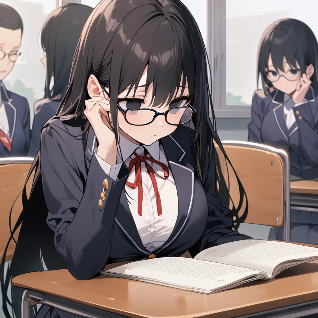 （masterpiece, Best Quality:1.2)、 high school girl、 black hair、very long hair、Black Eyes、empty eyes、 slender、(((Glasses)))、黒いschool uniform, 黒のmiddle breast, blazer,  red ribbon、skirt、 black socks 、（close mouth）、（no expression）、  No Emotion、classroom、corner seat、Oku、reading、 long shot