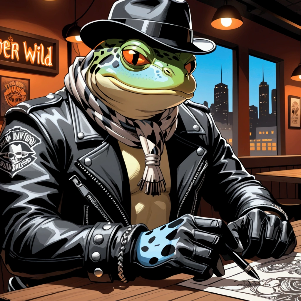 Closeup, Cartoon of an extremely badass light blue and white bullfrog ...