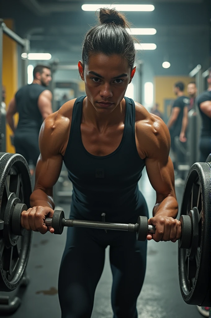 A young, smiling Black man with very short curly hair. He is wearing a fitted blue athletic shirt and gray workout shorts, with black sneakers. He has a gold necklace and a black wristwatch. He is standing confidently with one hand in his pocket and the other relaxed at his side. The man has a regular, average body type. The background is a modern gym with various exercise equipment, weights, and a few people working out. The atmosphere is energetic and contemporary, with bright, even lighting. High detail and photorealistic style.