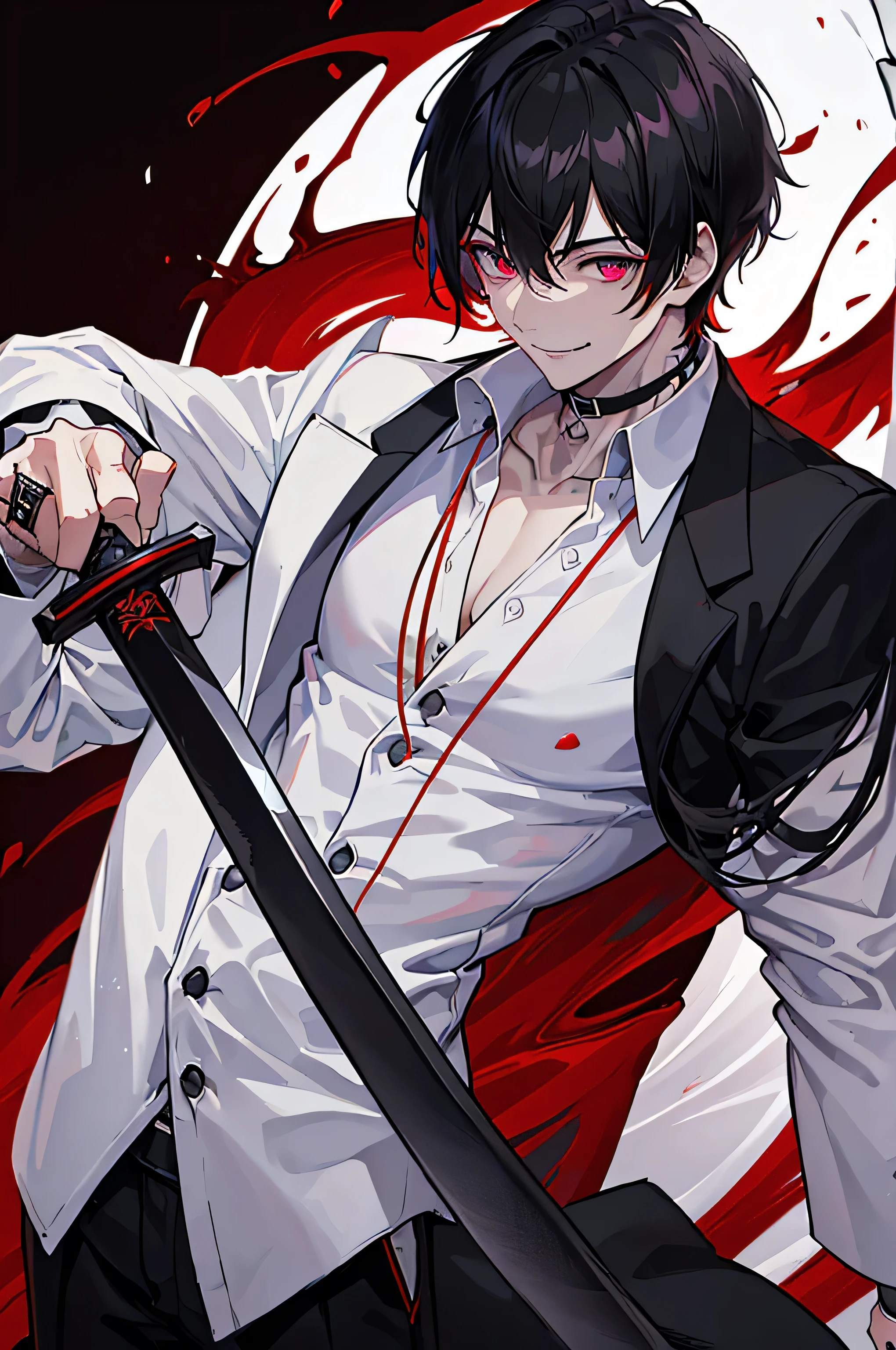 official character art, anime character; full body art, detailed anime character art, Belial from granblue fantasy, black hair, black short hair with the back hair raised up like pineapple, pale skin, blood red eyes, grin showing, grinning maniacally, sharp eyes, masculine, adult man, solo, handsome, abs, chest showing, revealing clothes, open collar, no watermark, fancy background, portrait, solo, half body