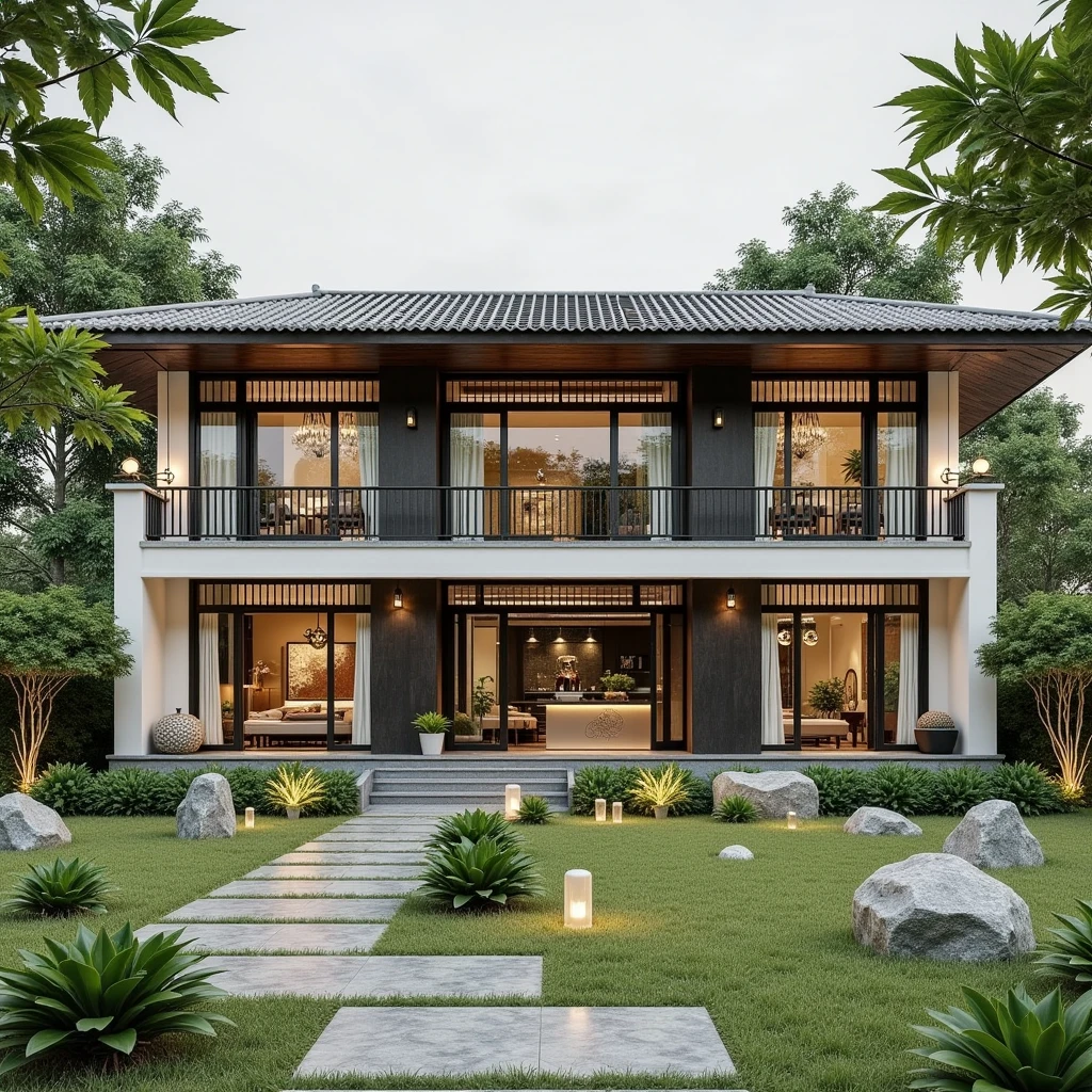 (masterpiece, best quality:1.2, hyper detail, 8k render), Flux KTHOUSE KTHOUSE Villa - Indochine 14112024, 1 morden indochina villa, 1 large glossy yard, grey and grass line ceramic yard, exterior design:1.3,daylight, volumetriclight:1.5