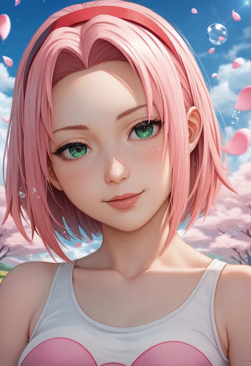 anime girl with pink hair and green eyes posing for a photo,  haruno sakura , Best Anime 4K Wallpaper Konachan,   seductive anime girl , fanart of Marin Kitagawa, Sakura petals around her, splash art anime loli, Anime style 4k ,  anime moe art style , high quality anime art style,  detailed anime artwork, anime wallpaper, anime best girl